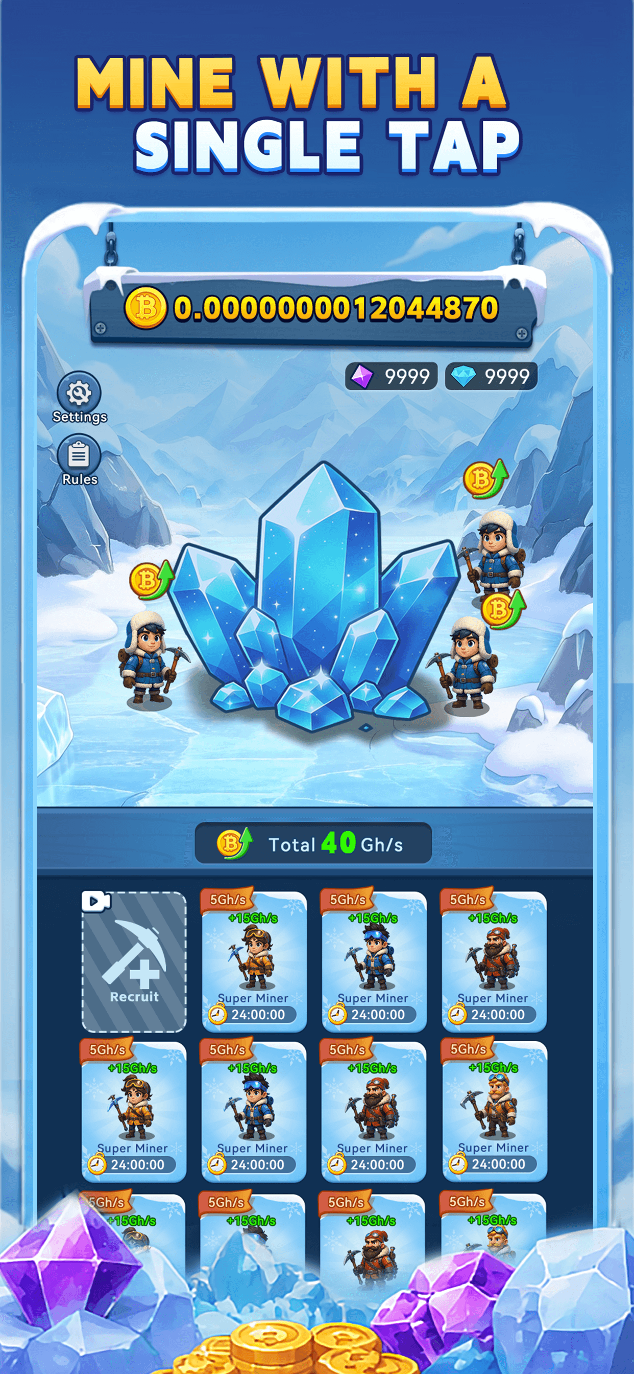 Mine with a single tap in Bitcoin Miner: Arctic Rush